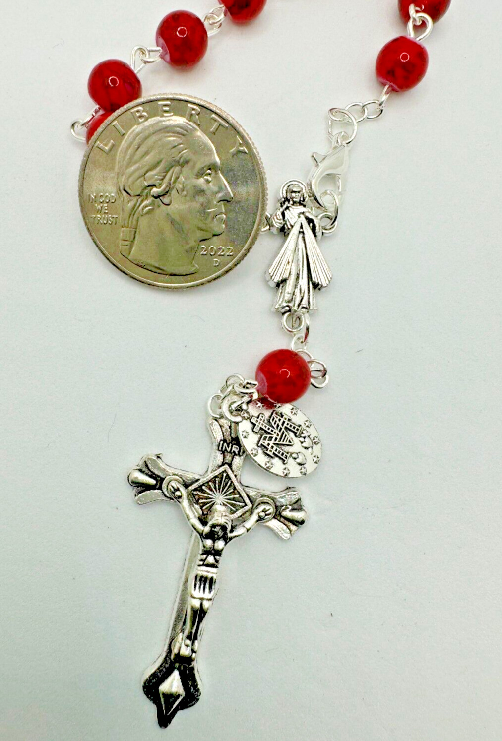 Divine Mercy Auto Rosary – Red Beads – Silver metal