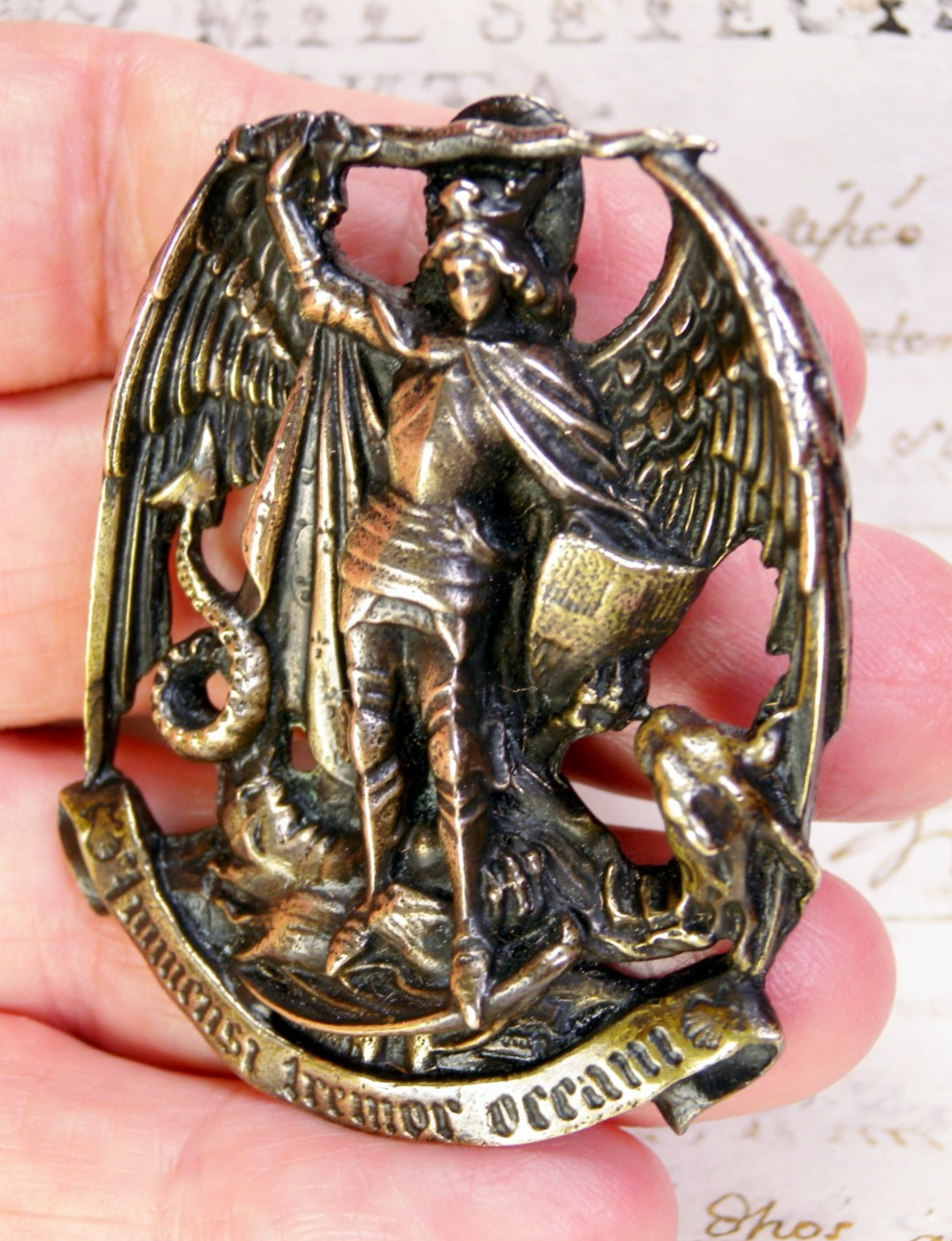 Cardinals Antique Catholic St. Michael Archangel Abbey Pilgrimage Bronze Pendant