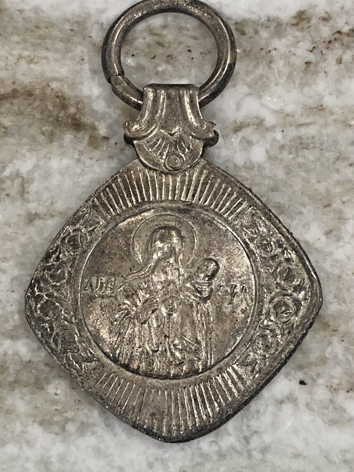 Vintage Greek 1950’s Jesus & Child Metal Religious Pendant Key Chain 2274