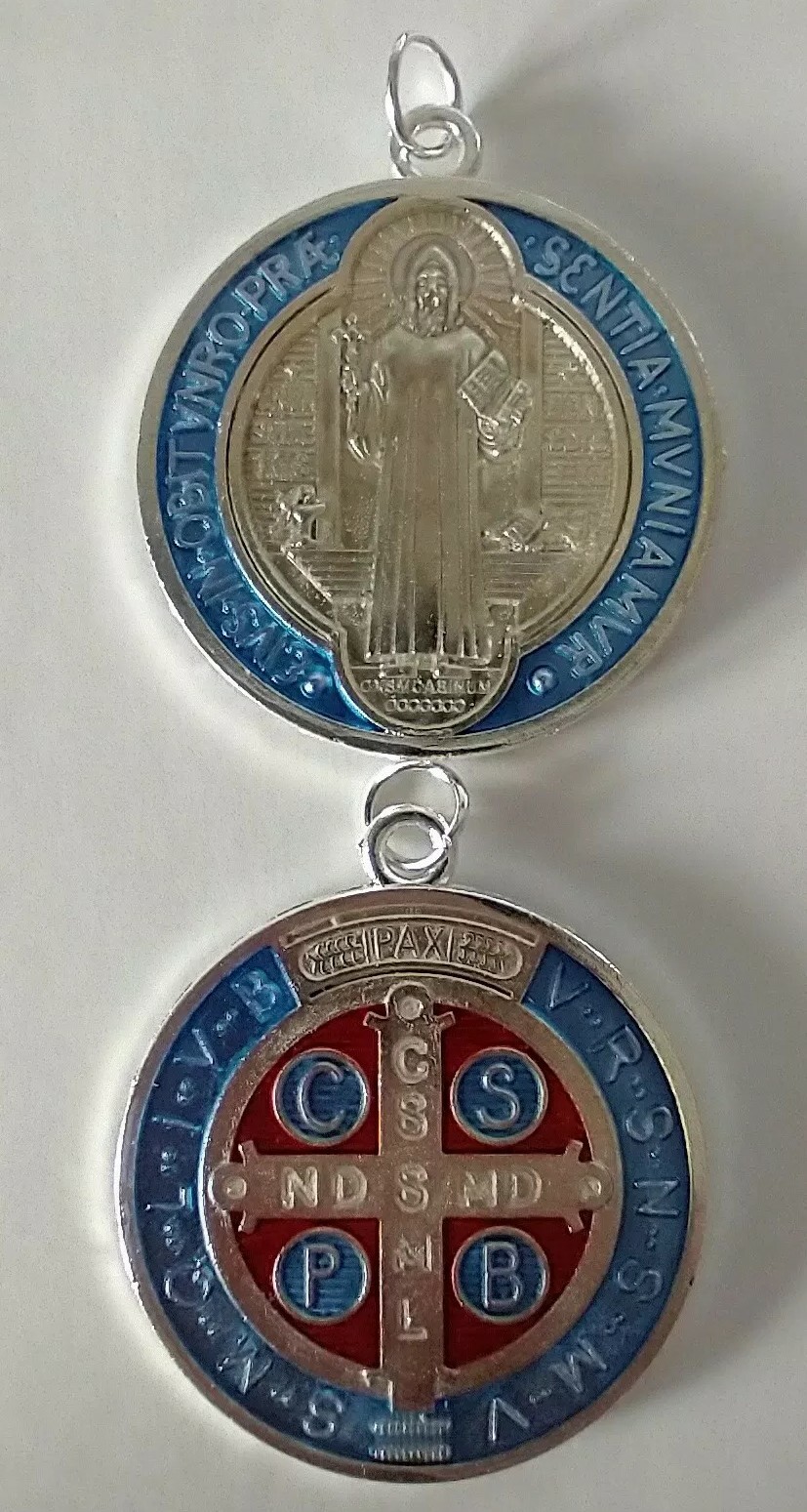 Catholic One St Benedict Medal Two-Sided Silver Blue Red Accents