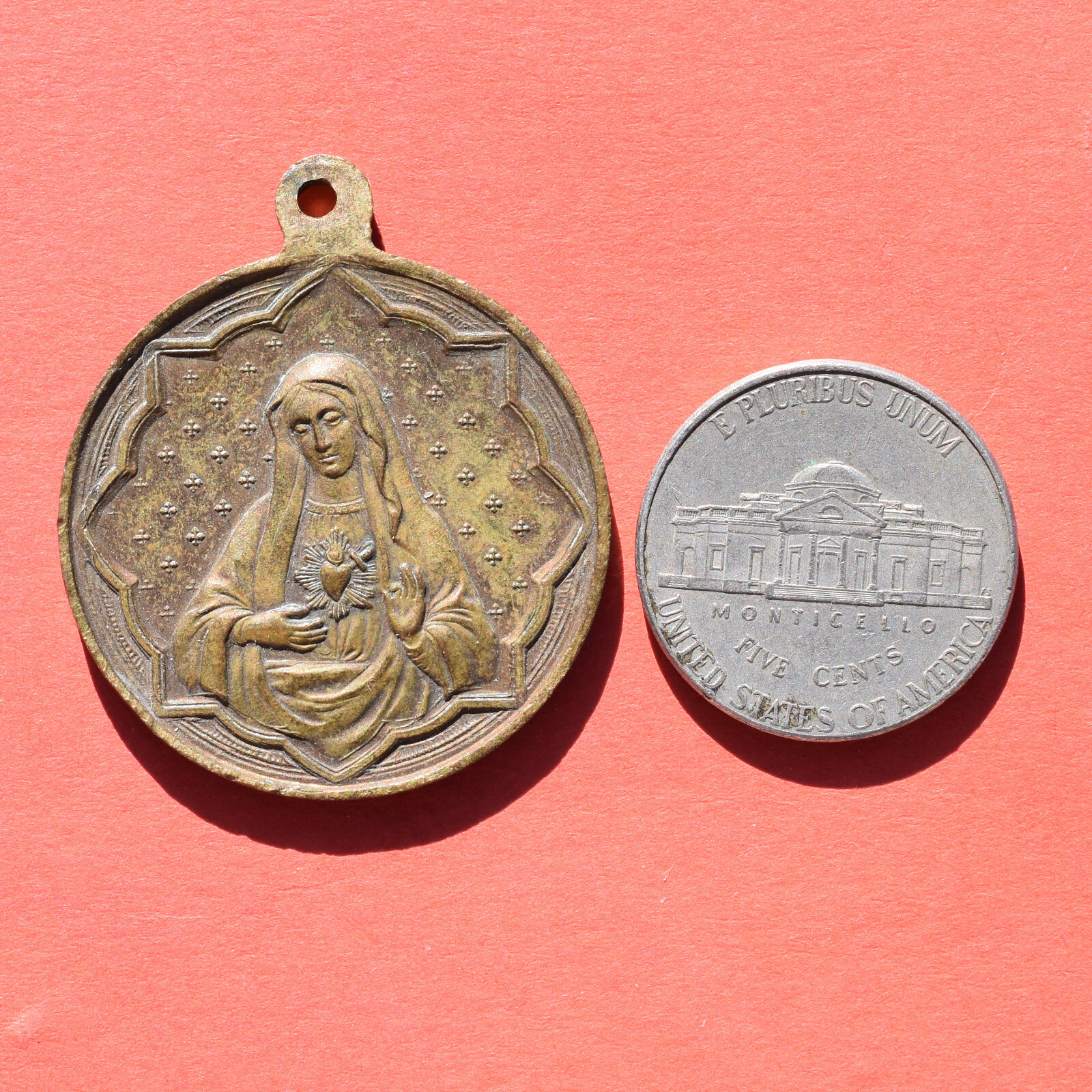 AWESOME SACRED HEARTS RELIGIOUS MEDAL ANTIQUE FRENCH CATHOLIC CHARM