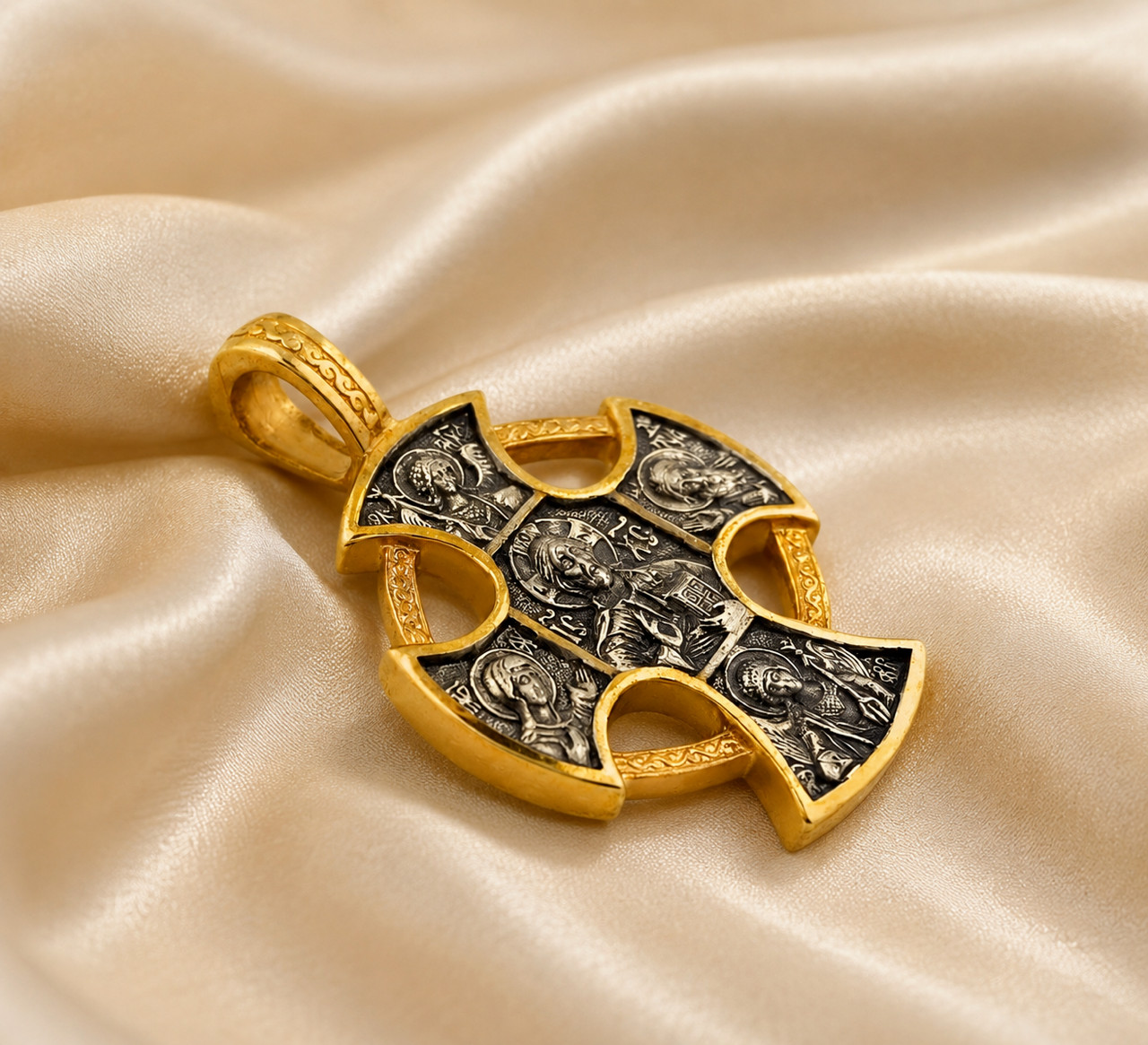 24kt Gold Plated Sterling Silver Diesis Archangels Icon Cross Pendant With Chain