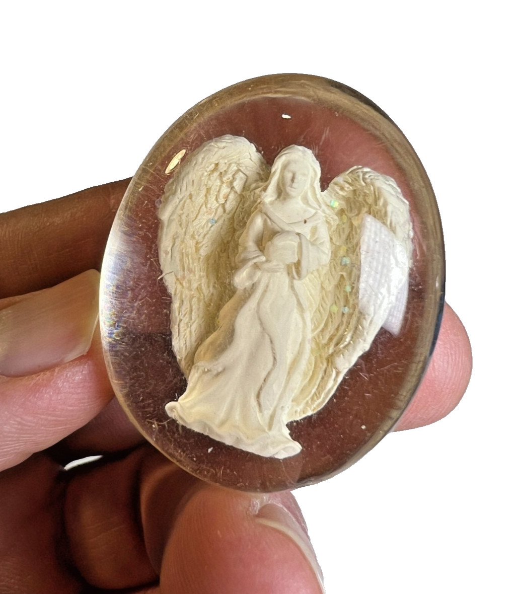 Antique Vintage 1950s Chalkware Angel Encased Lucite Devotional Pocket Charm