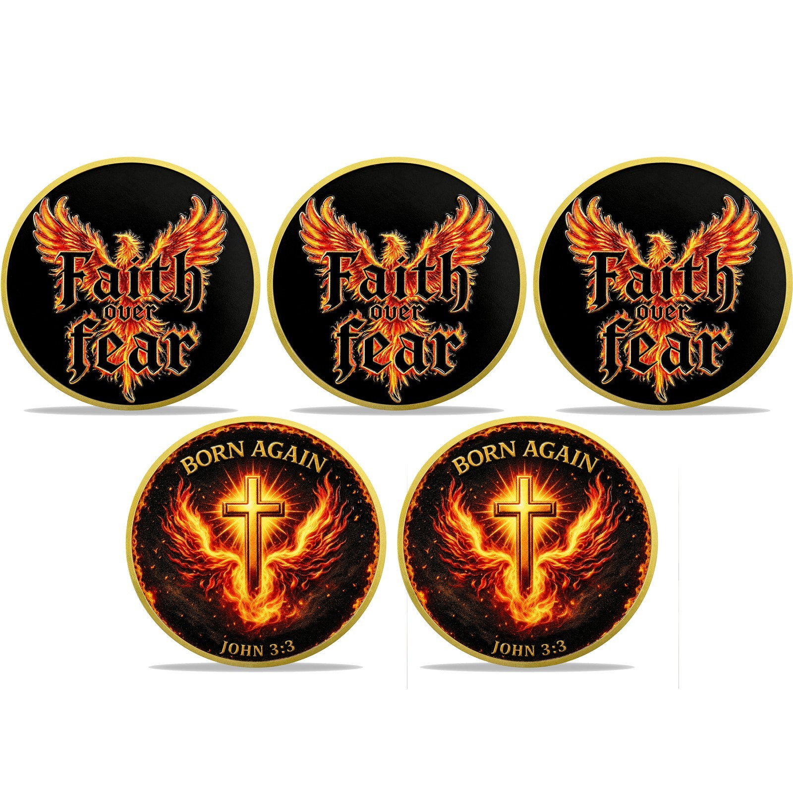 5pcs Christian Challenge Coin Phoenix Faith Over Fear John 3:3 Bible Verse Coins