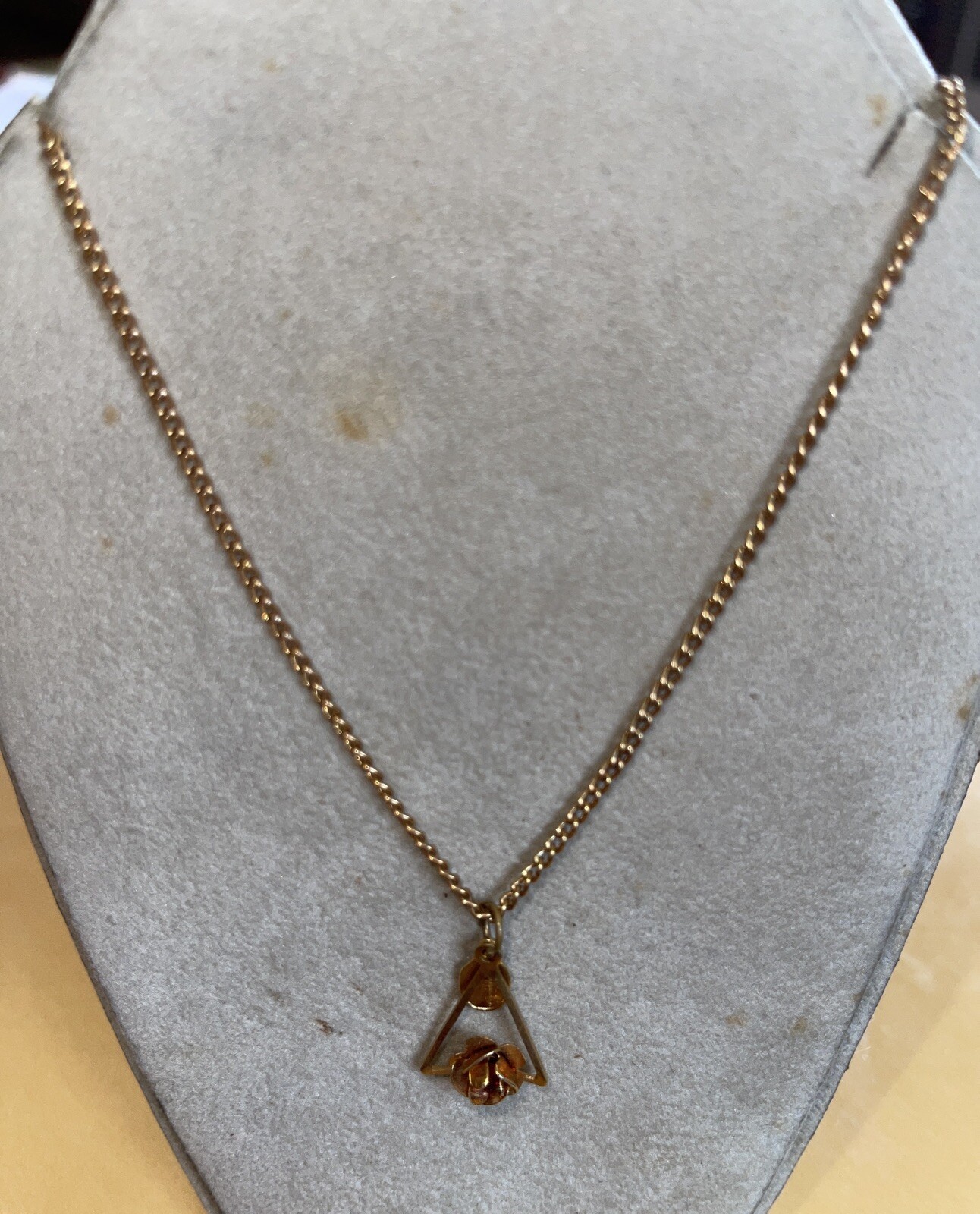 Religious Miraculous Pendant on Chain Red Stone in Rose and Triangle 20″ Long