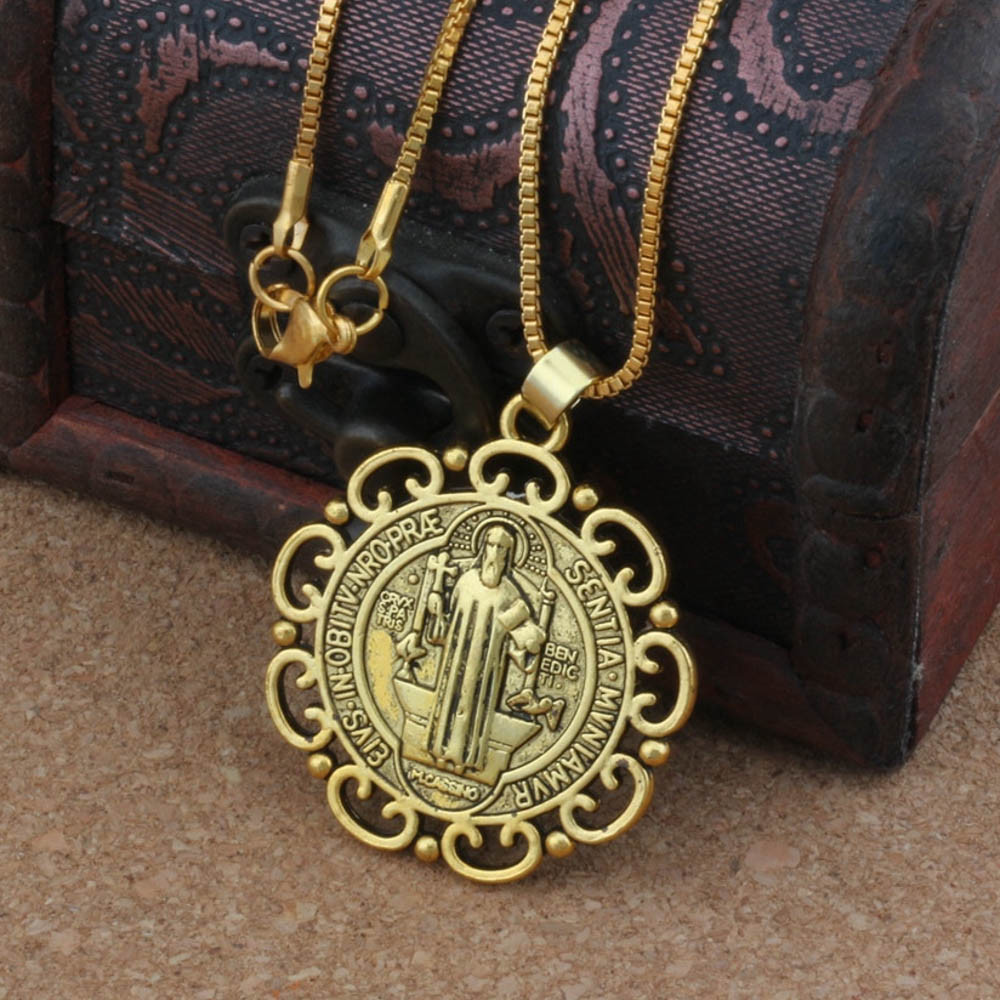 Gold Saint St Benedict Medal Filigree Border Pendant Necklace – 24″ Box Chain