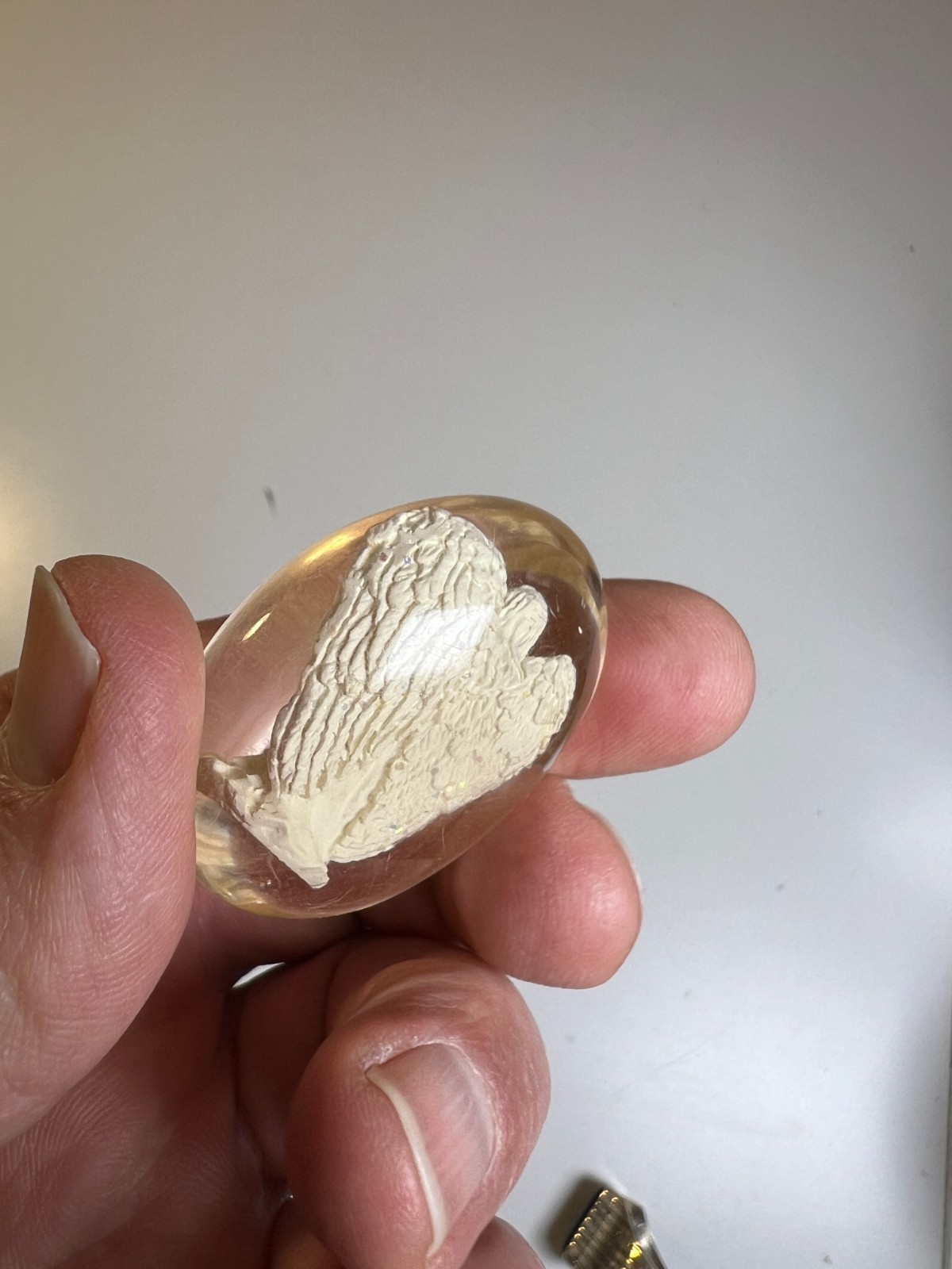 Antique Vintage 1950s Chalkware Angel Encased Lucite Devotional Pocket Charm