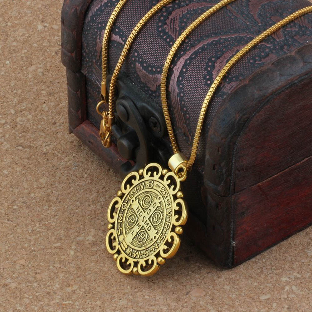 Gold Saint St Benedict Medal Filigree Border Pendant Necklace – 24″ Box Chain