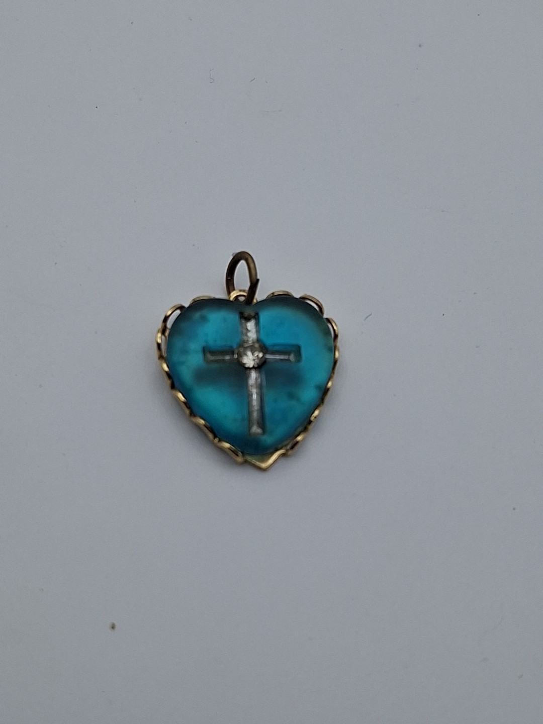 Vinyage Blue Lucite Gold Toned Heart & Cross Medal Religious Pendant Charm