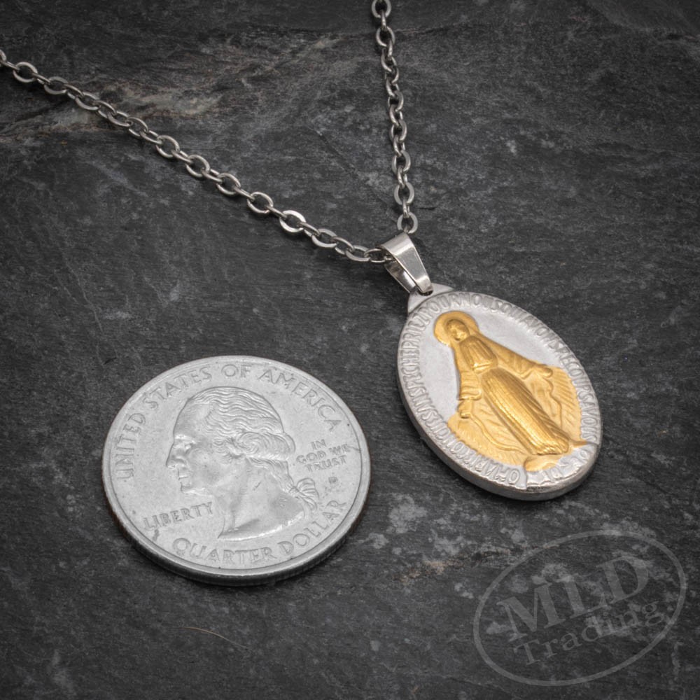 Silver & Gold Miraculous Medal Necklace – Stainless Steel Pendant 18″+2″ Chain