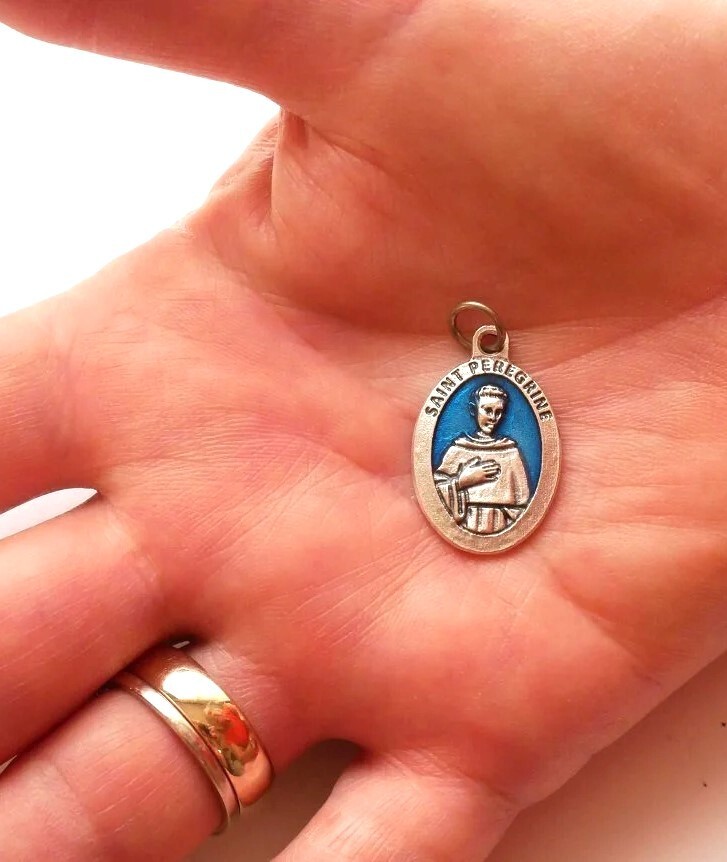 St Peregrine7/8″ x 5/8″ Silver Tone / Blue Medal – Patron of Cancer – Italy –