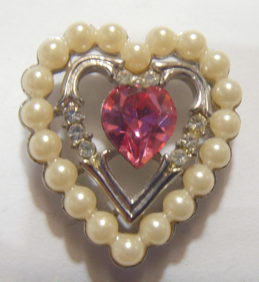 1950s antique Avon catholic Heart pendant faux pearls pink diamante 54498
