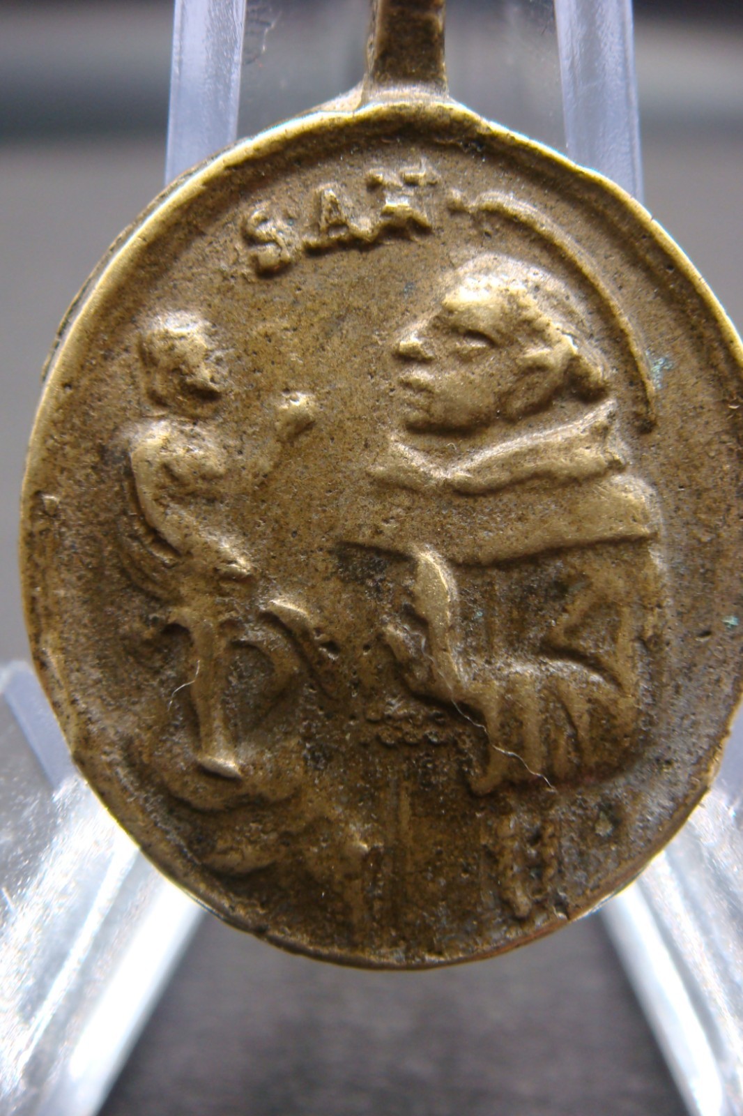 Rare Antique Bronze Catholic Medal Saint Anthony of Padua & Madonna w Child