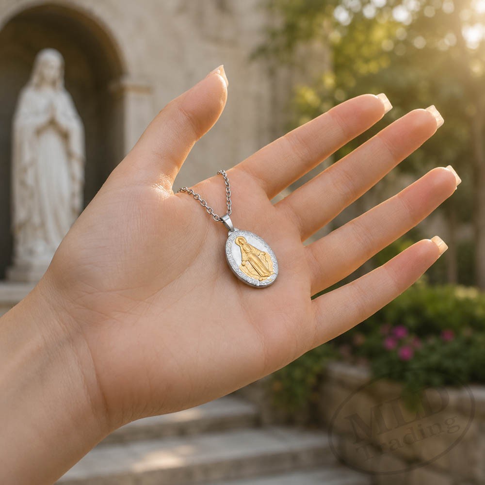 Silver & Gold Miraculous Medal Necklace – Stainless Steel Pendant 18″+2″ Chain