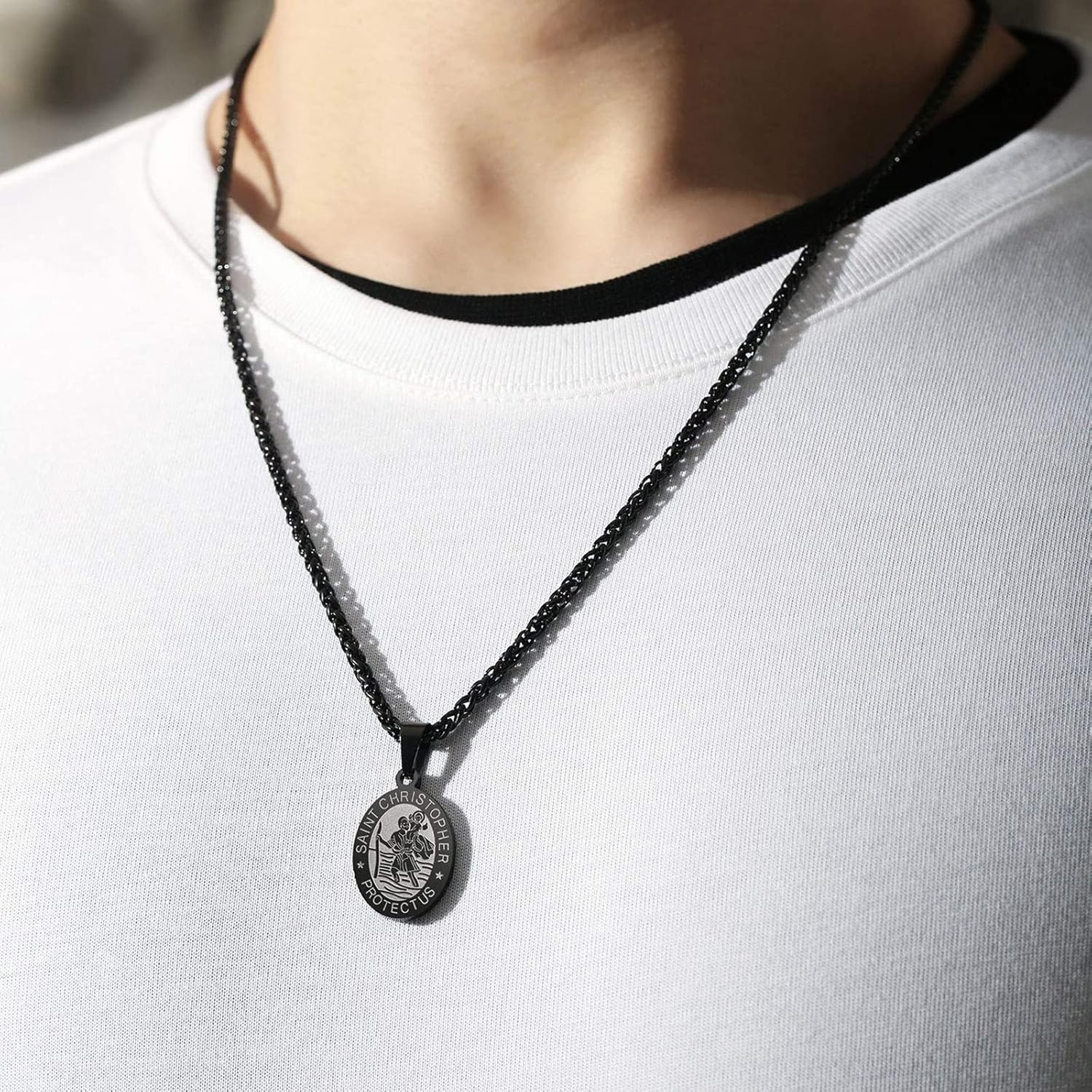 Saint St Christopher Medal Necklace for Men Boys 24 in – Religious Gifts, Black