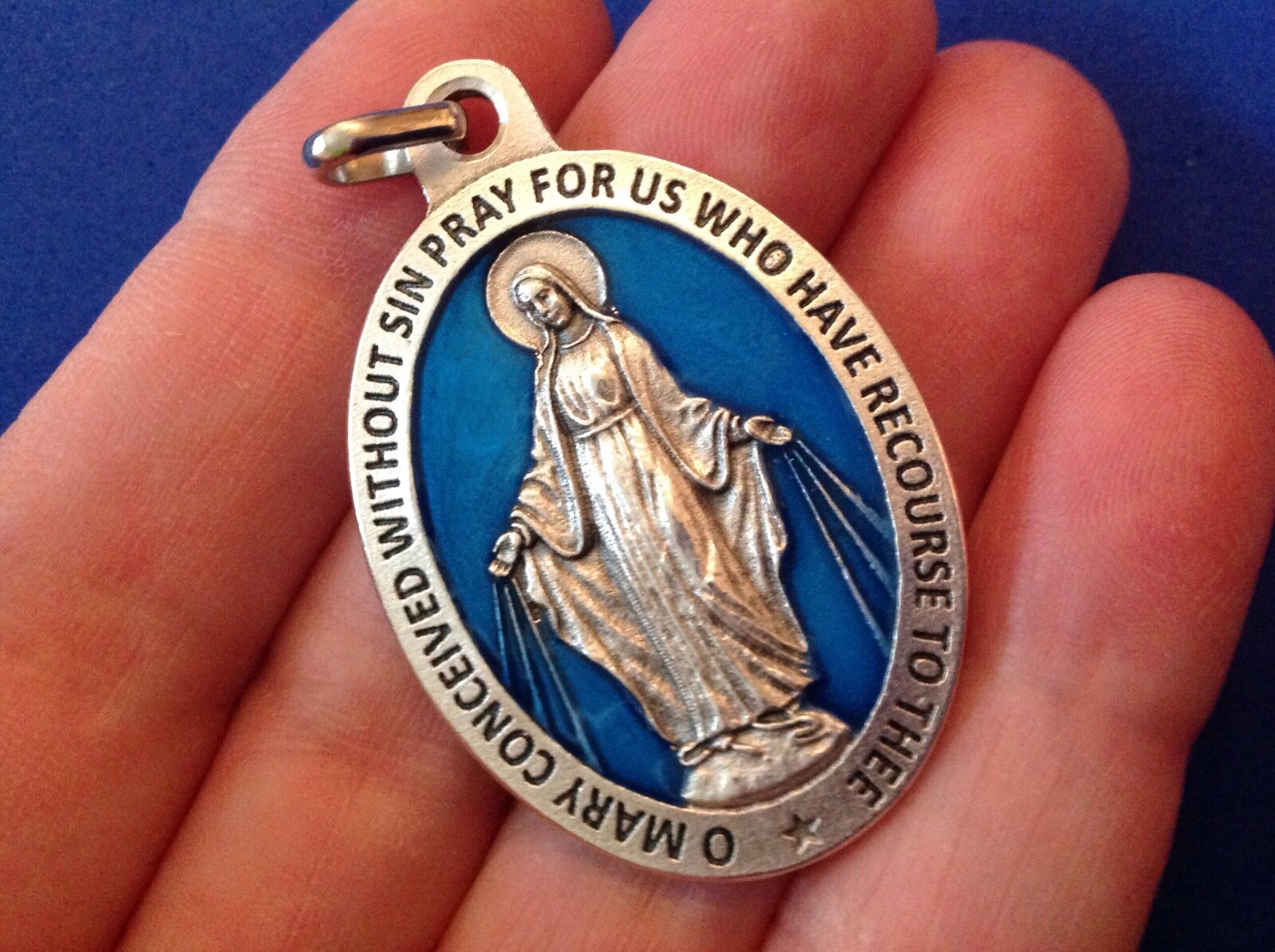 Our Lady VIRGIN MARY MIRACULOUS Devotion 1-1/2″ Saint Medal Italy Blue Enamel