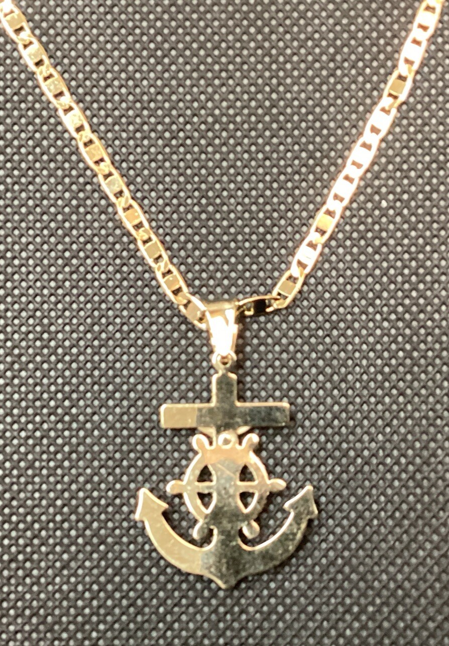 14K Gold Plated Mariner Crucifix Anchor Cross Pendant And Chain 22” Ancla Y Timo