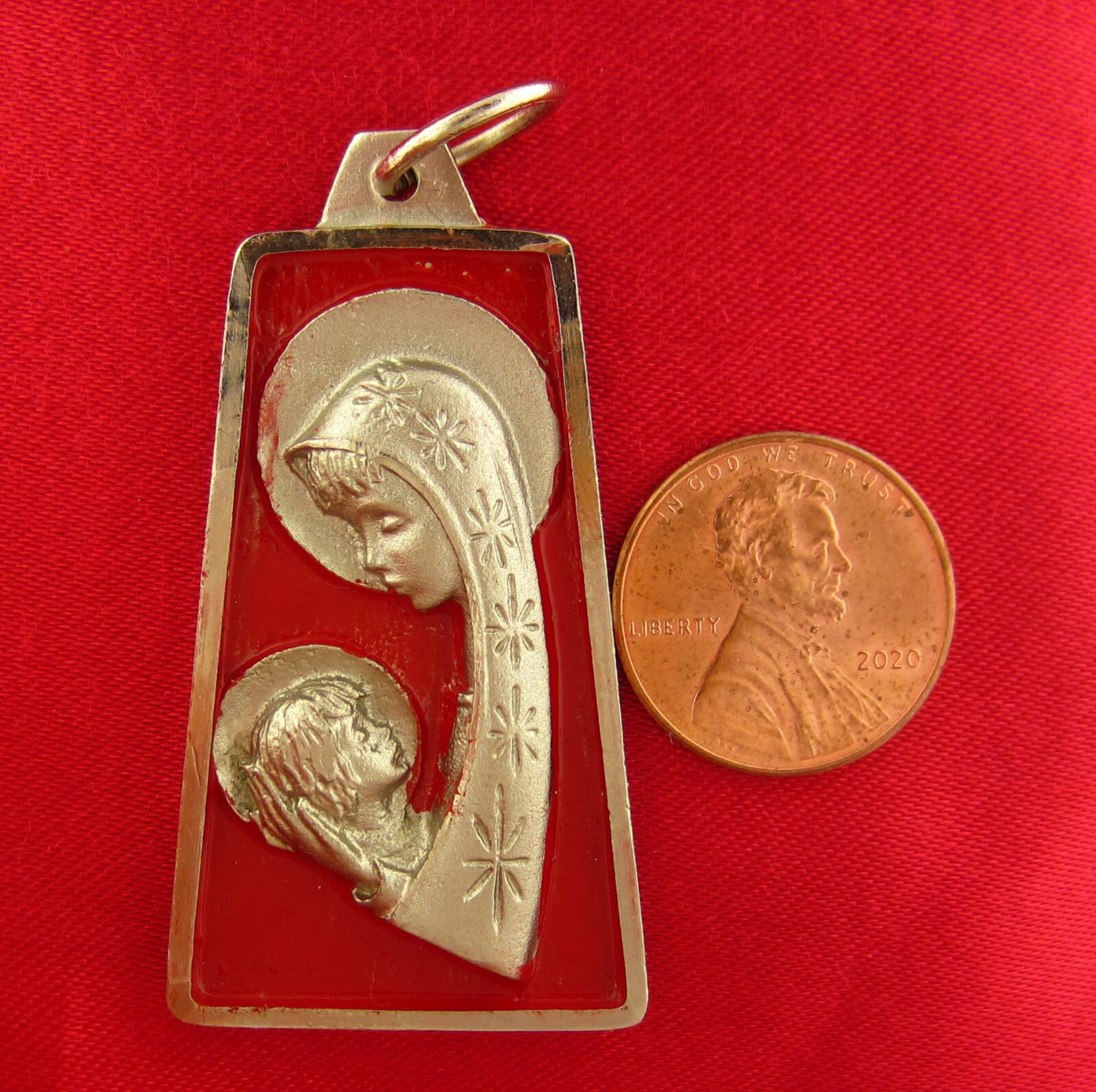 Vintage MARY JESUS Medal RED ENAMEL Religious Catholic Silvertone Pendant LARGE