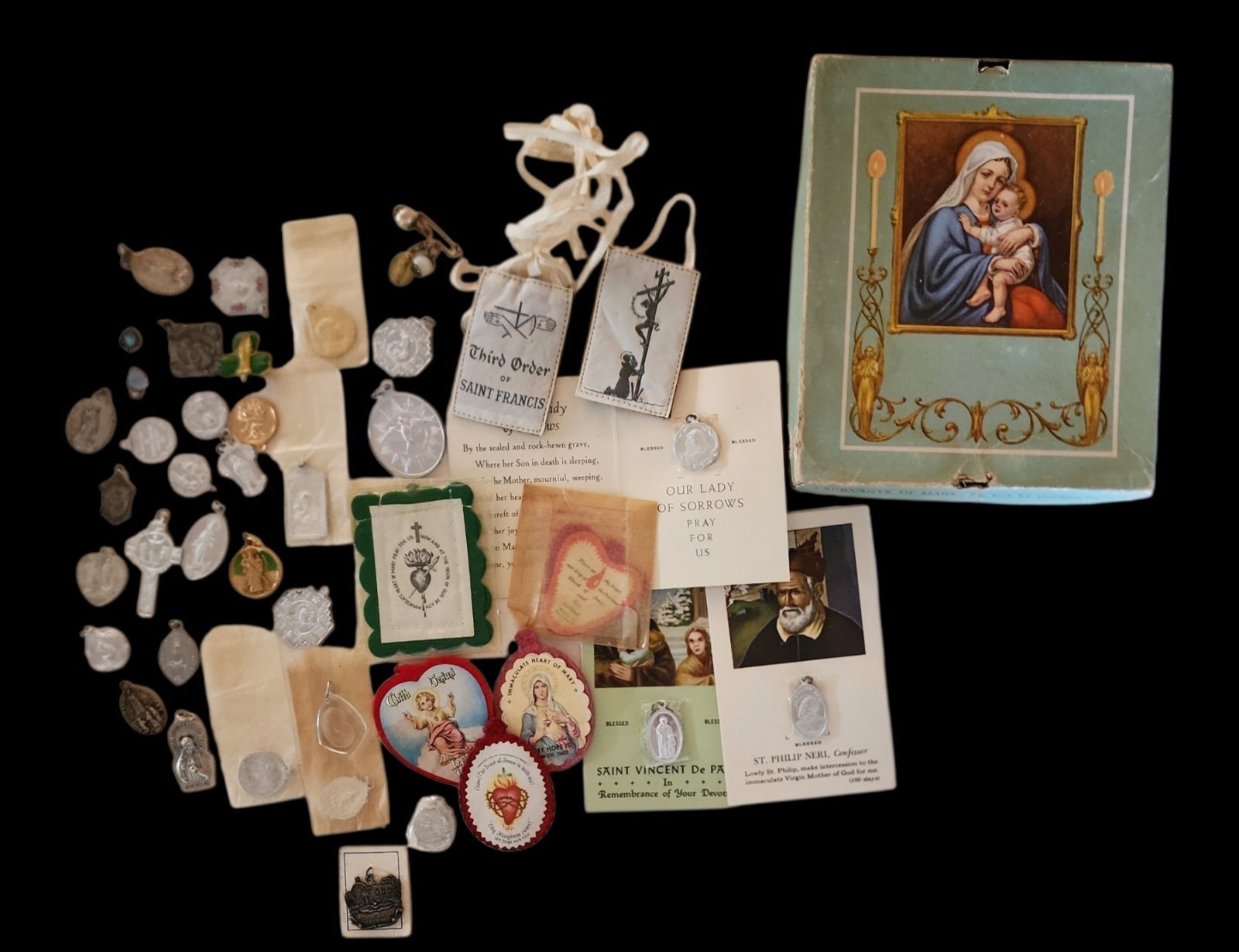 Vintage Catholic Reliquary Lot Medals Holy Cards Scapular St Philip Neri Box