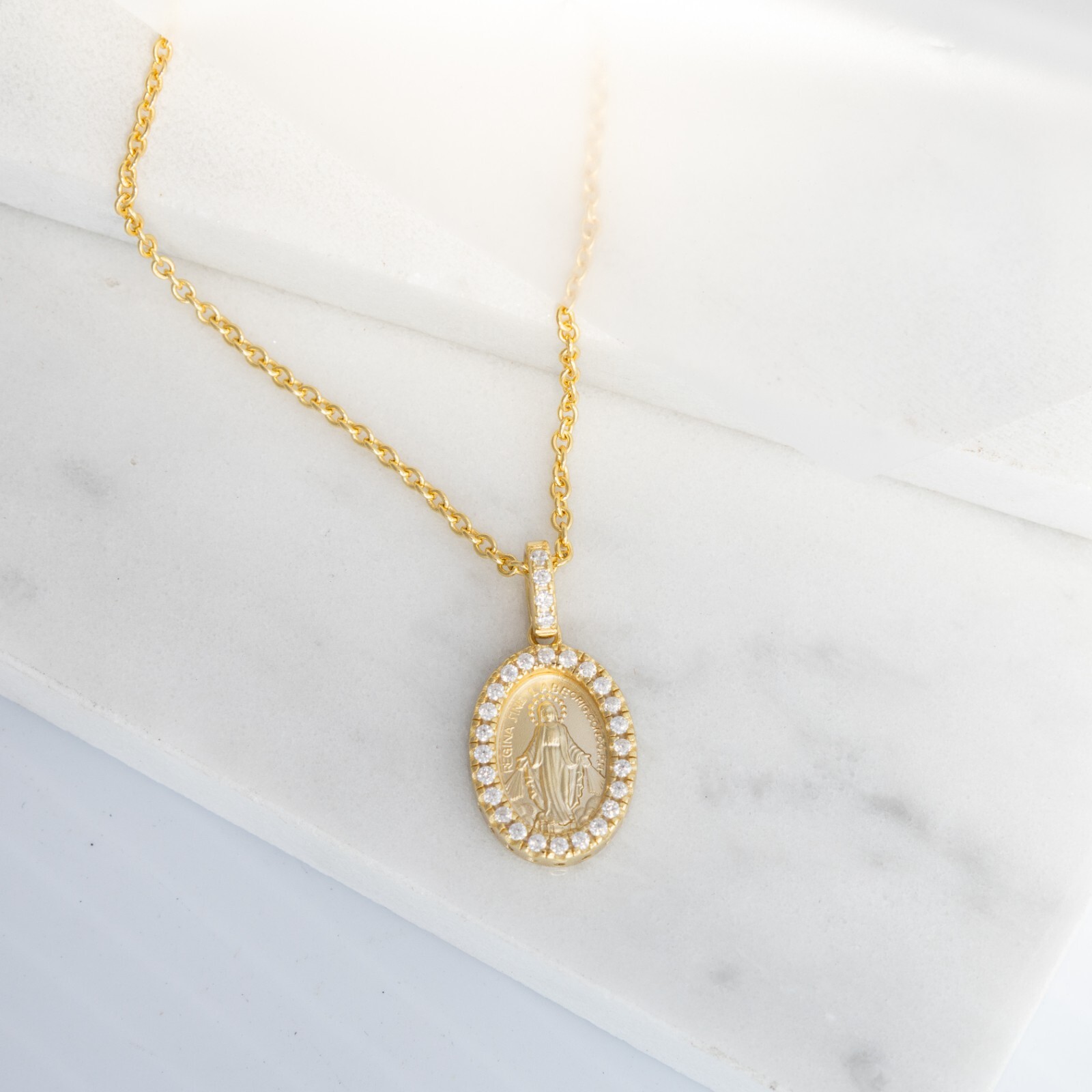 Miraculous Medal 14k Gold over Silver Virgin Mother Mary Pendent Necklace cz set
