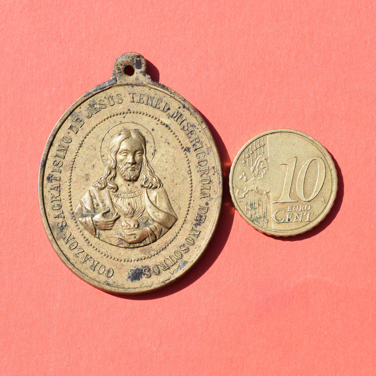 LARGE SACRED HEARTS OF JESUS & MARY RELIGIOUS MEDAL OLD 19T C CATHOLIC MEDALLION