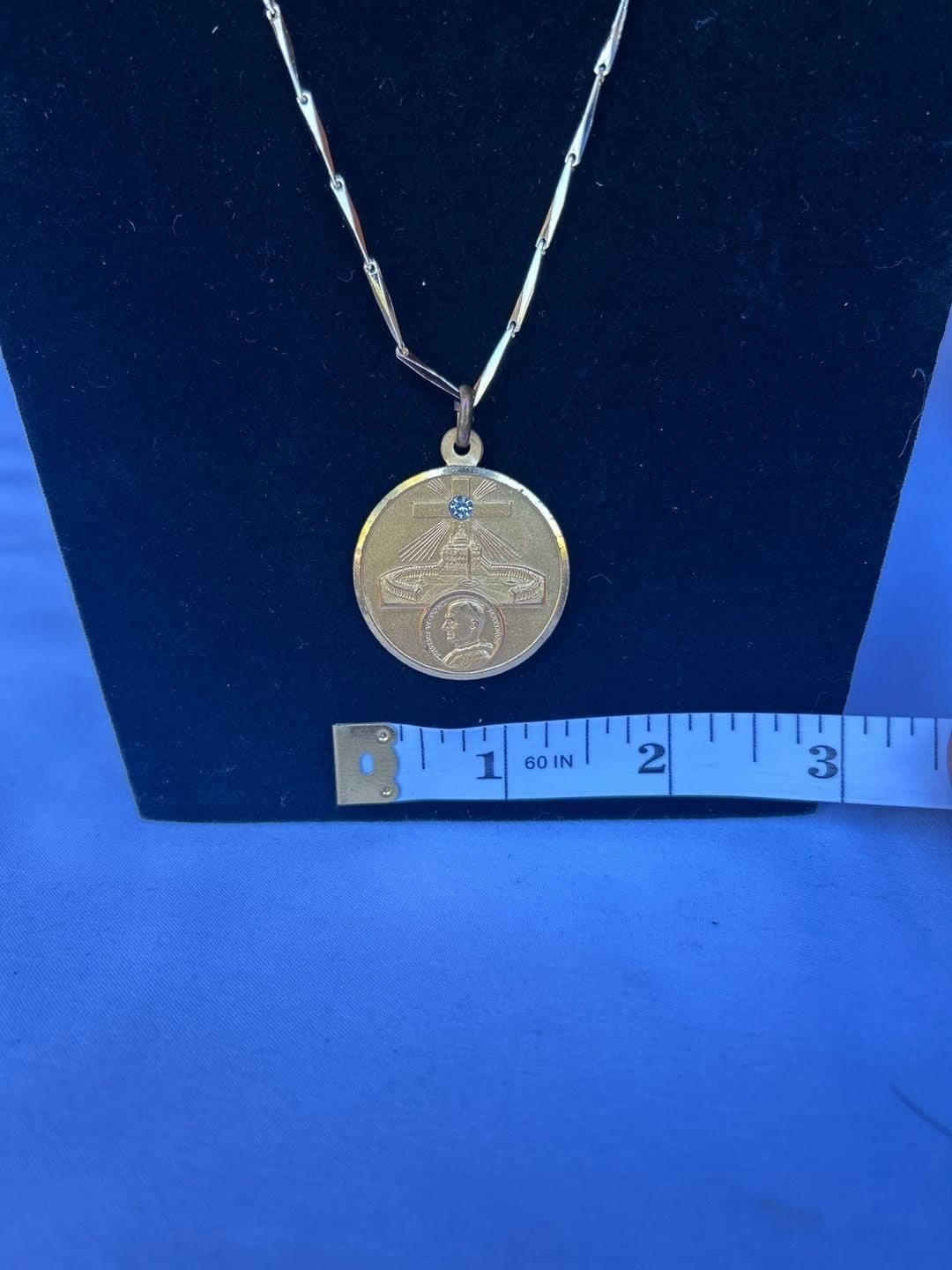Vintage Pope Paul VI Religious Medal Necklace, Gold Tone Rhinestone Devotional P