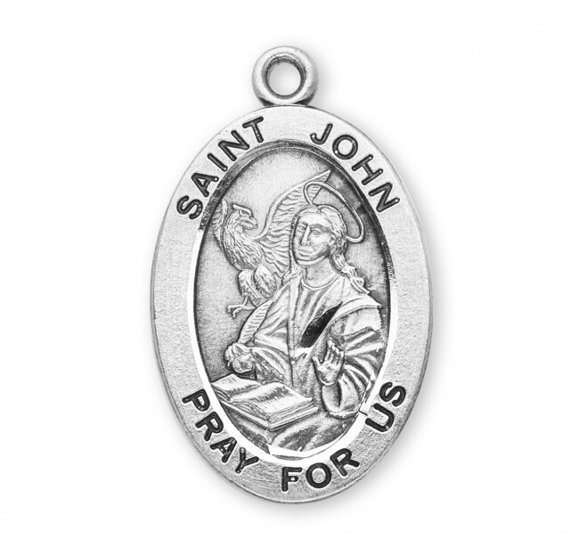 St. John Evangelist Sterling Silver Oval 0.9″ Medal, Gift Box, 20″ Chn, US Made