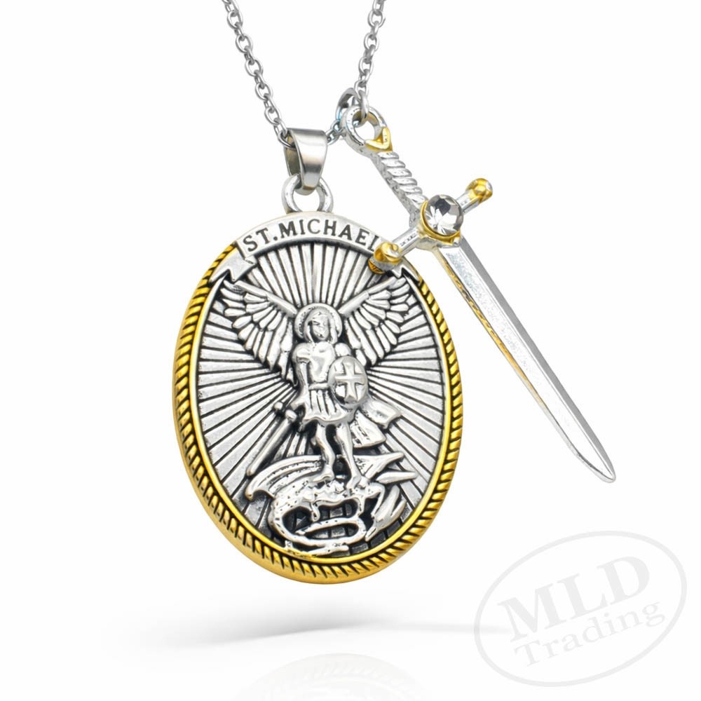 Saint St Michael Pendant Necklace – Archangel Sword Medal Christian Faith