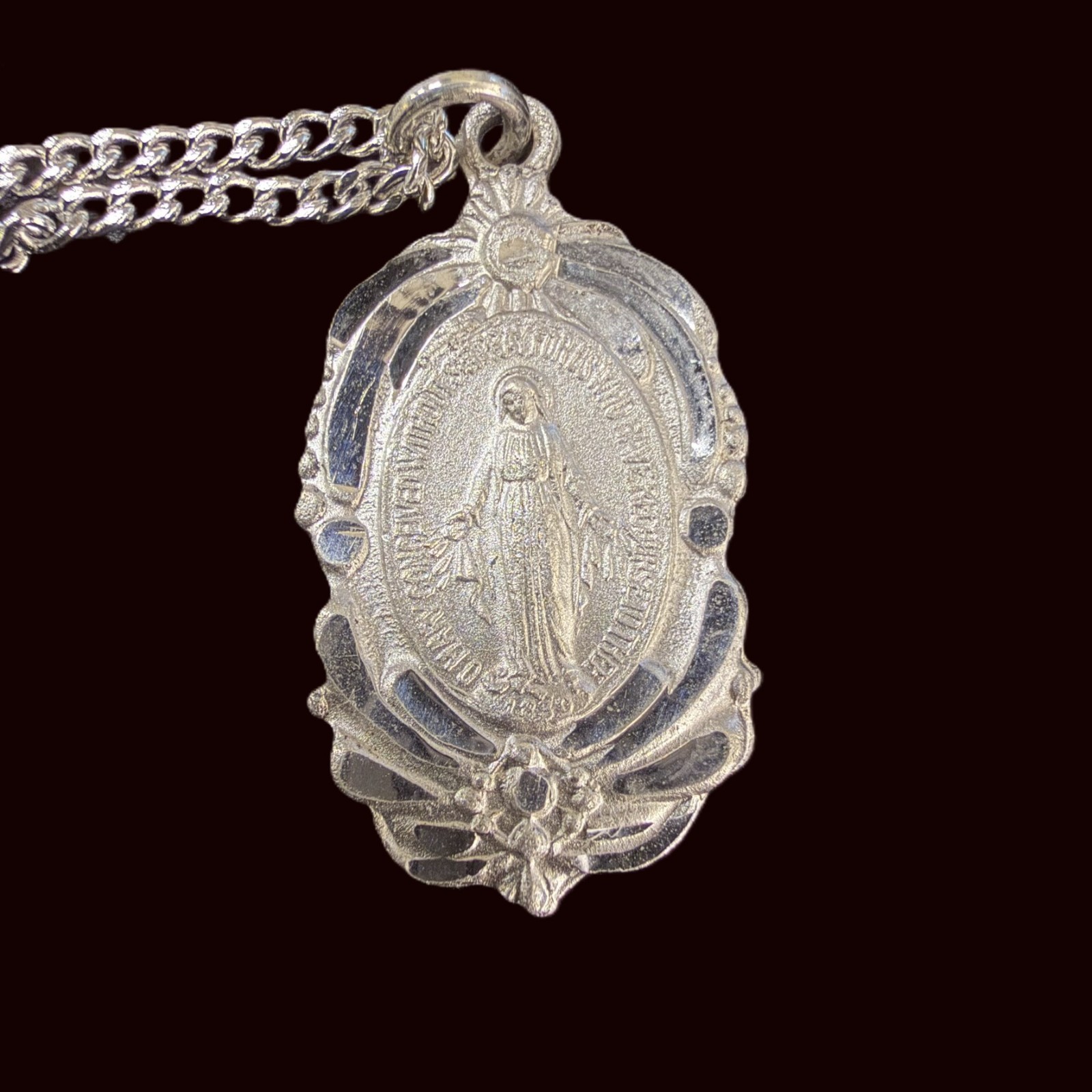 Vintage Sterling Silver Our Lady of the Miraculous Medal Pendant Necklace
