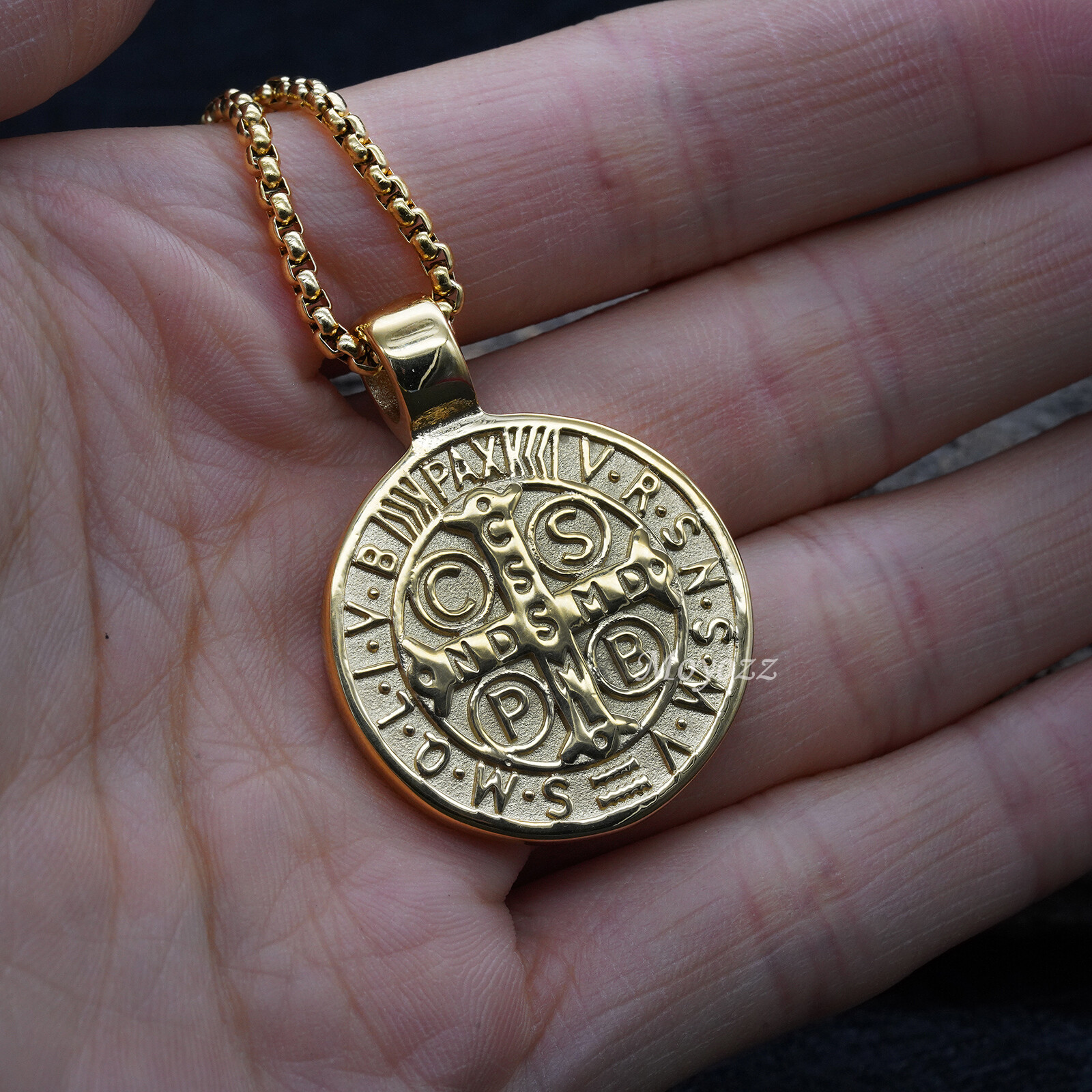 St Saint Benedict Medal Gold Exorcism Pendant Necklace Stainless Steel Gift
