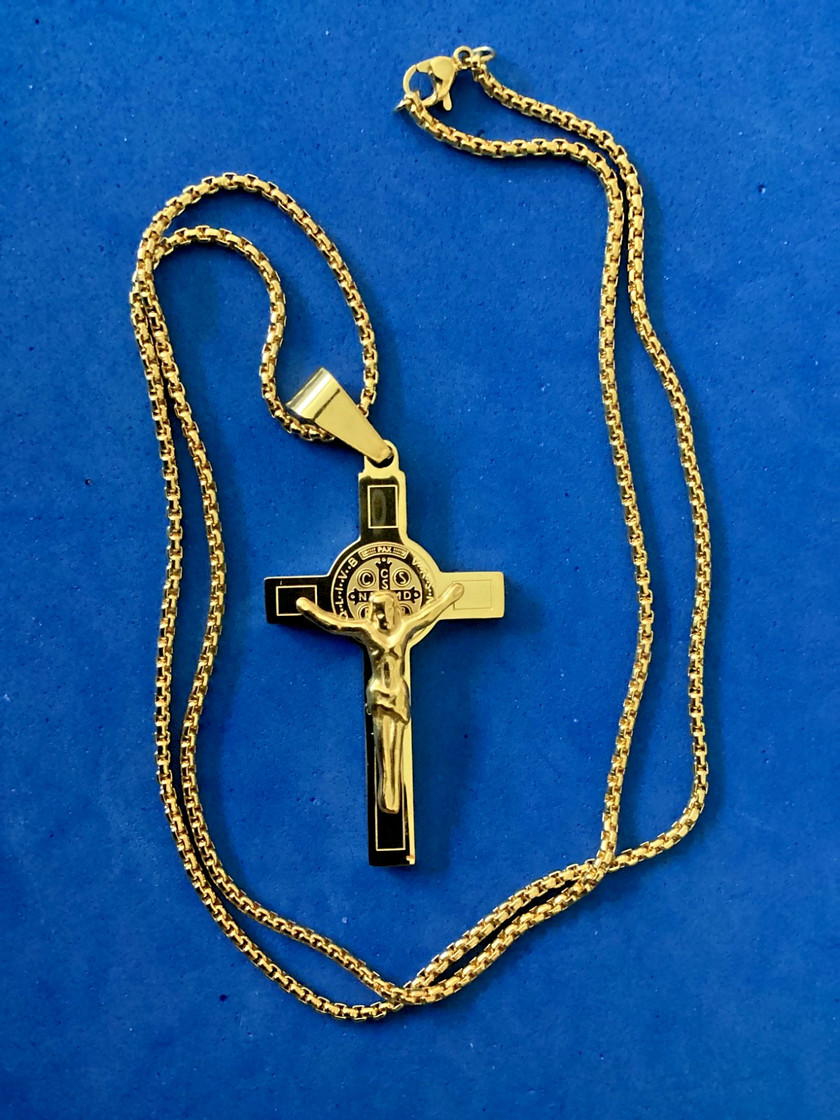 St BENEDICT Protection NECKLACE Saint Gold Plate Stainless Steel CRUCIFIX 23”