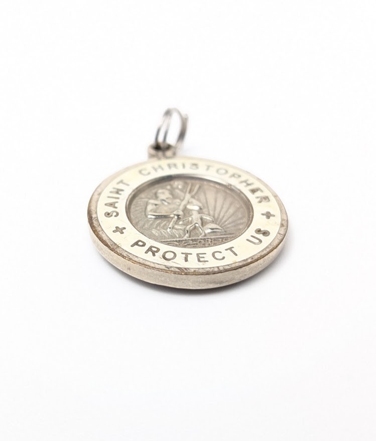 Vintage St Christopher Surfer Medal Pendant White Enamel Silver Tone Protection