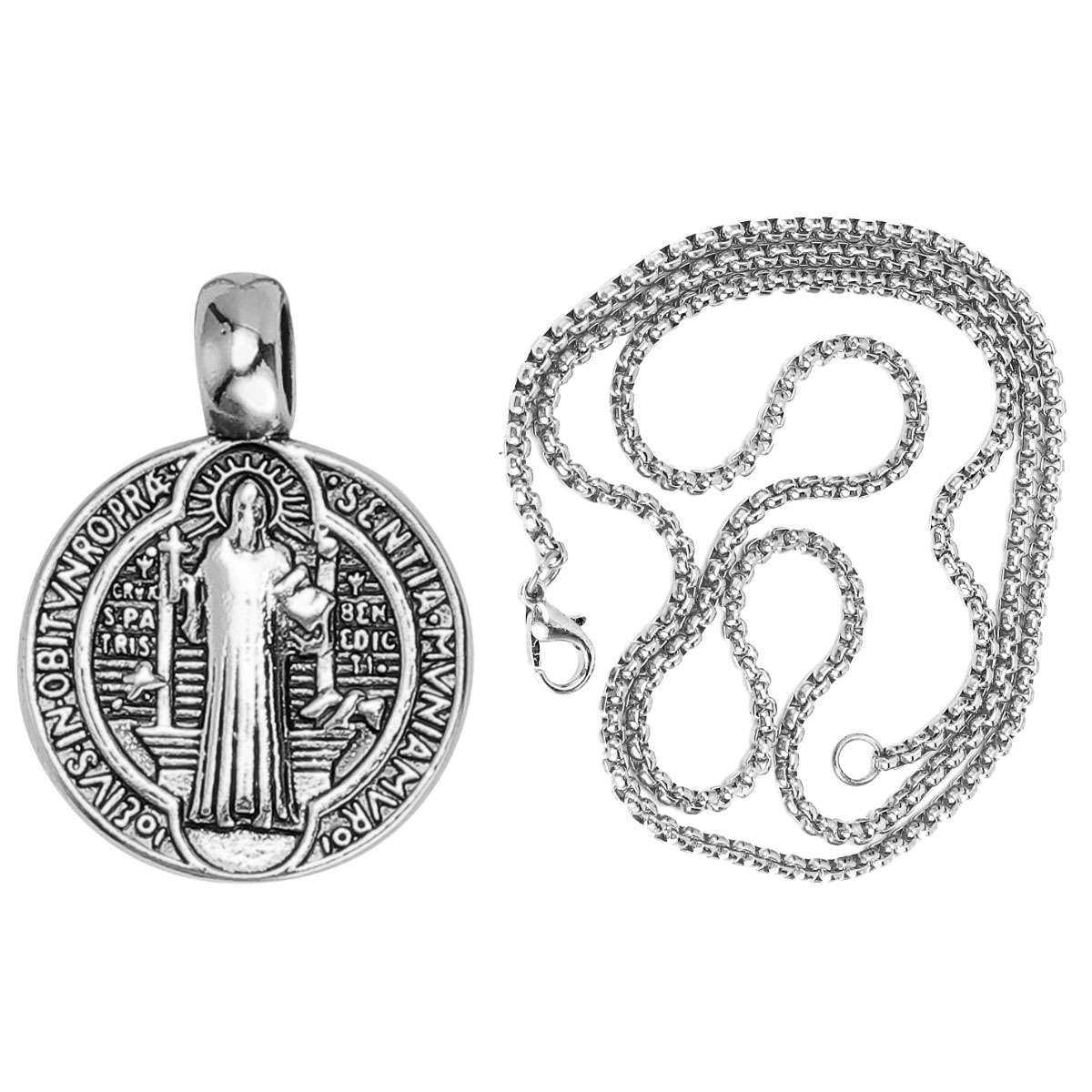 Saint St Benedict Medal Necklace Pendant Stainless Steel Crucifix Cross Exorcism