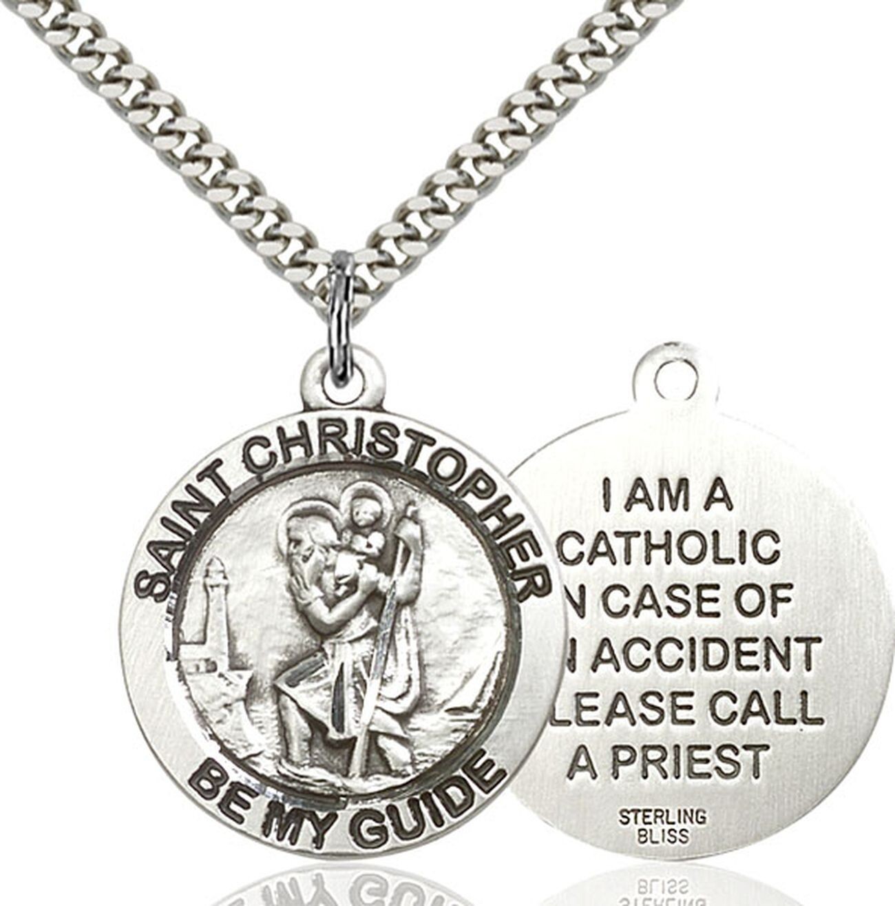 Men’s Sterling Silver St Saint Christopher Medal Pendant Necklace With Chain