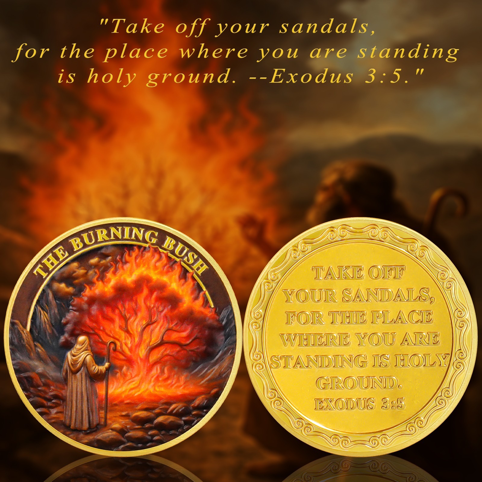 6pcs Christian Faith Coin Moses Holy Ground Burning Bush Exodus 3:5 Verse Tokens