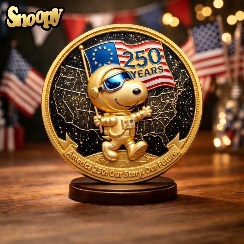 Snoopy America 250th Anniversary Gold Coin 1776-2026 USA 250 Years Astronaut Med