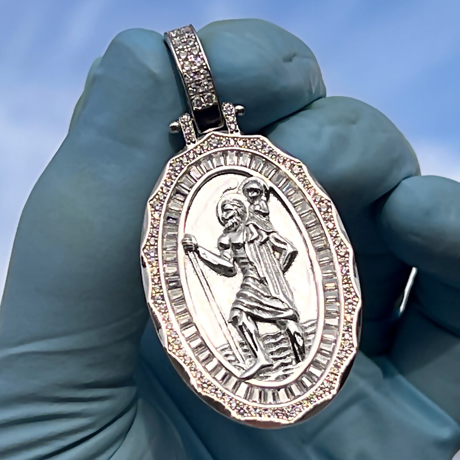 925 Sterling Silver St Saint Christopher Medal CZ San Cristobal Medalla Pendant