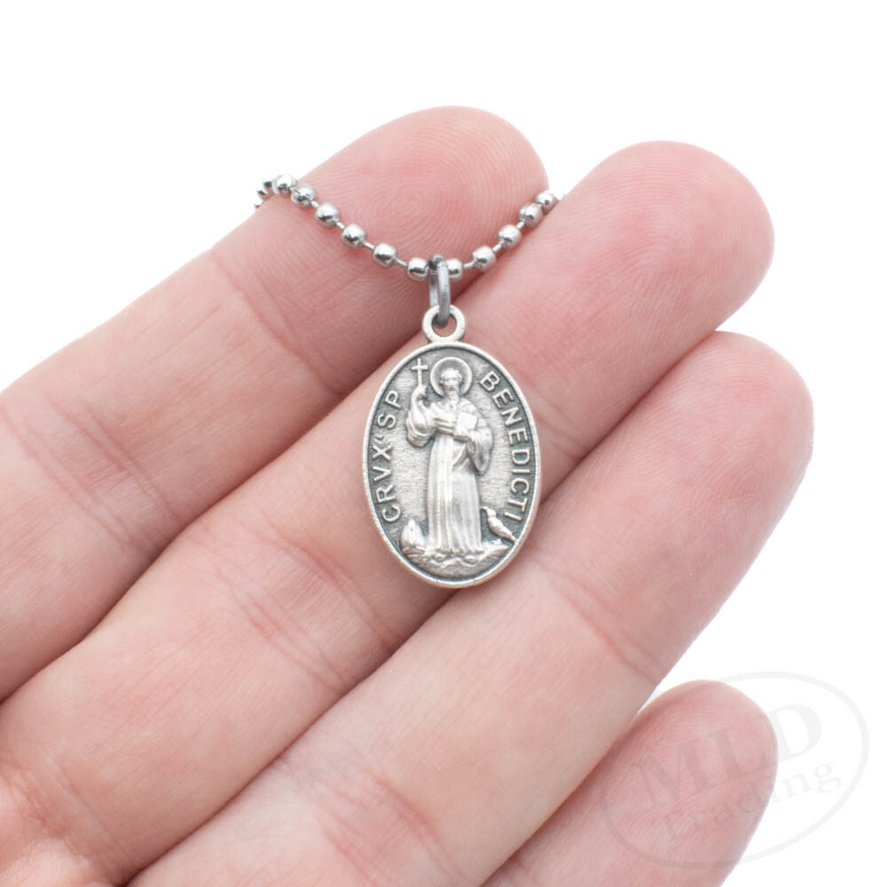Italian Saint Benedict Medal Pendant Necklace – Silver Zinc Alloy, 24″ Chain
