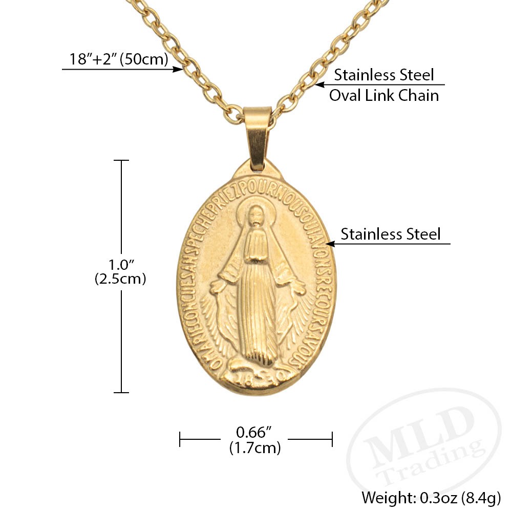 Gold Miraculous Medal Necklace – Stainless Steel Catholic Pendant 18″+2″ Chain