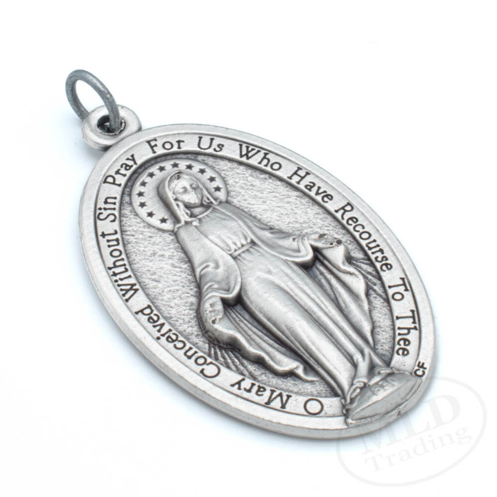 Our Lady Miraculous Medal Pendant Large 1.75″ Silver Oxidized Made In Italy