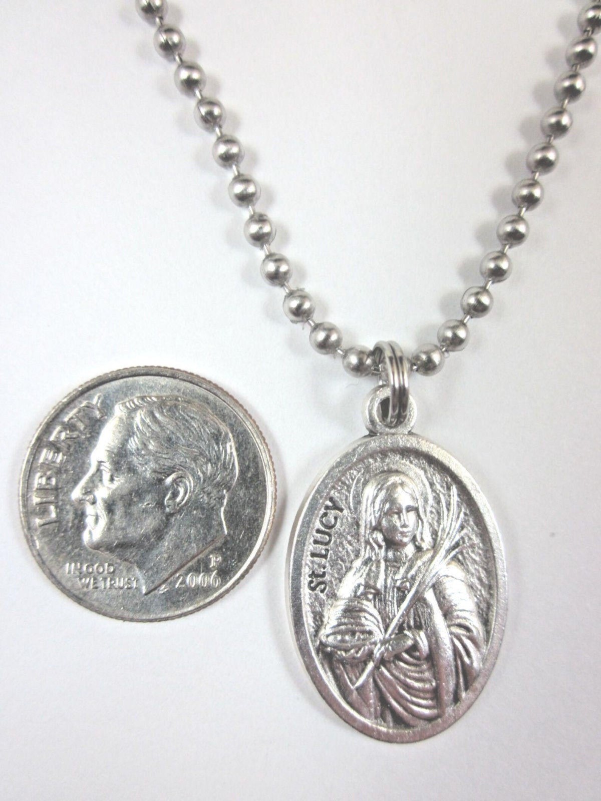 St Lucy Medal Italy Pendant Necklace 24″ Ball Chain Gift Box & Prayer Card