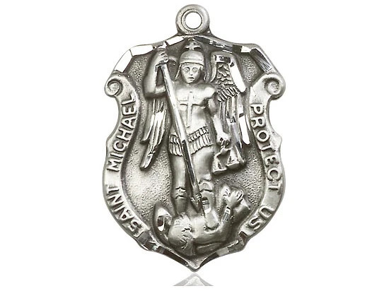 Pewter Saint Michael the Archangel Shield Medal Pendant Necklace 24″ Chain Gift