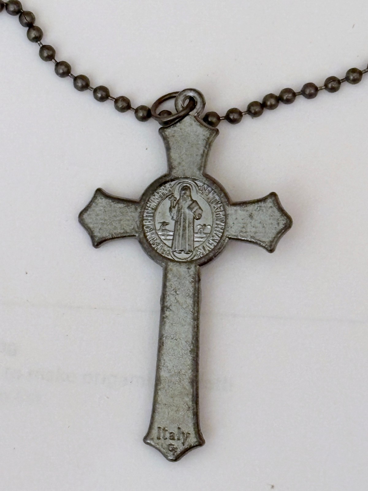 Gun Metal St Benedict Italian Crucifix Pendant w 30″ Gunmetal Beaded Ball Chain
