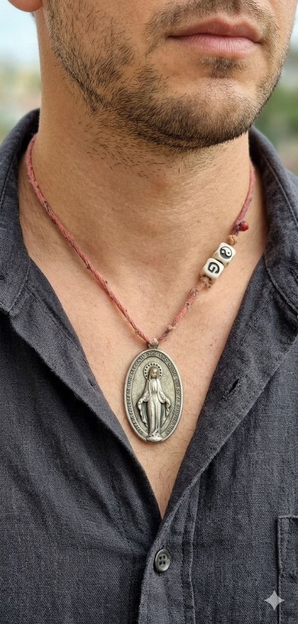 Vintage Miraculous Medal Catholic Blessed Virgin Mary Pendant Silver Tone Italy