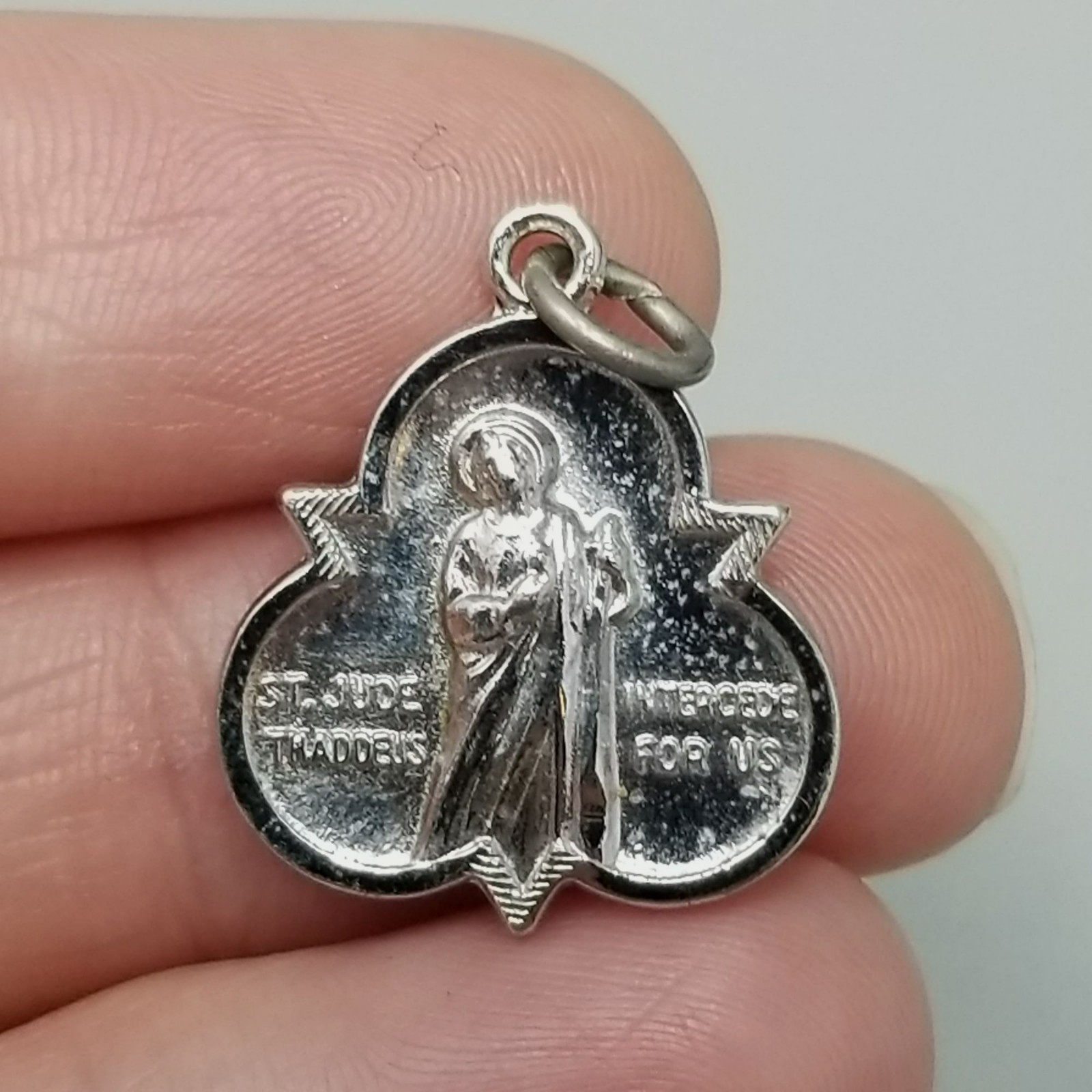 Vintage Saint St Jude Thaddeus Intercede For Us Medal Pendant Charm Silver Tone