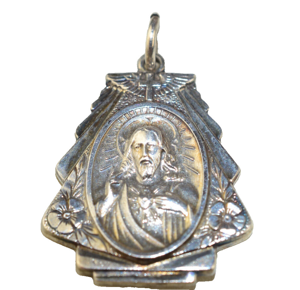 VINTAGE HMH STERLING SILVER SACRED HEART OF JESUS MEDAL 1″ TALL PENDANT 6.9 gr.