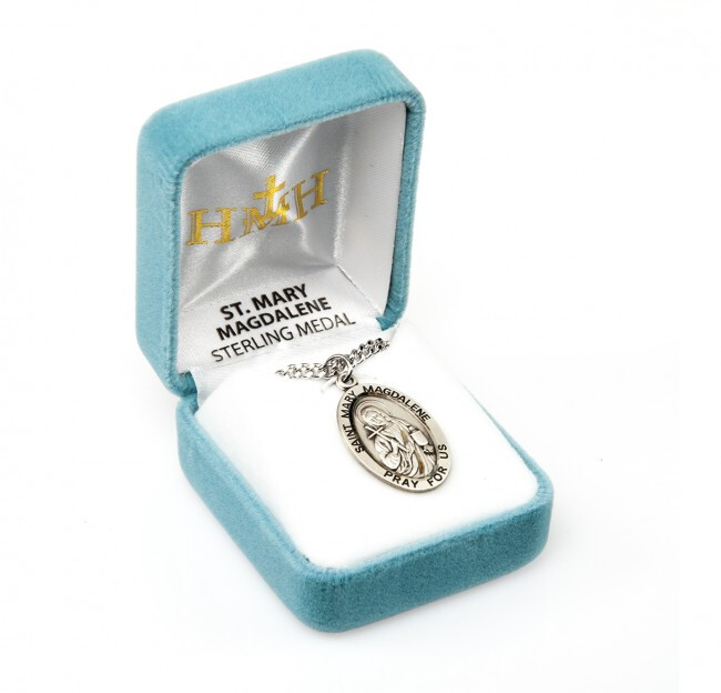 St. Mary Magdalene Sterling Oval 0.9″ Medal, Velvet Gift Box, 18″ Chn, US Made