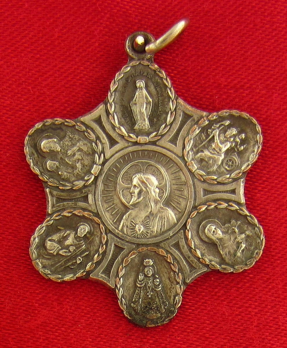 Vintage 7 WAY Medal MARY JESUS JOSEPH SAINT THERESE Religious Catholic Pendant