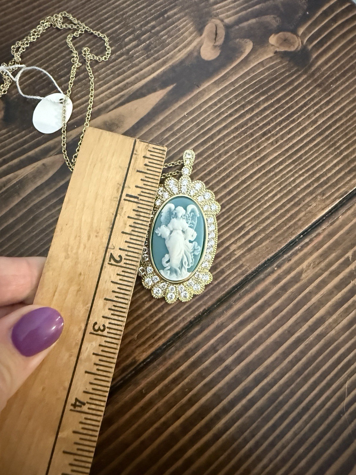 Cameo Jewel Framed Gold Toned Sky Blue & White Pendant Necklace Thailand