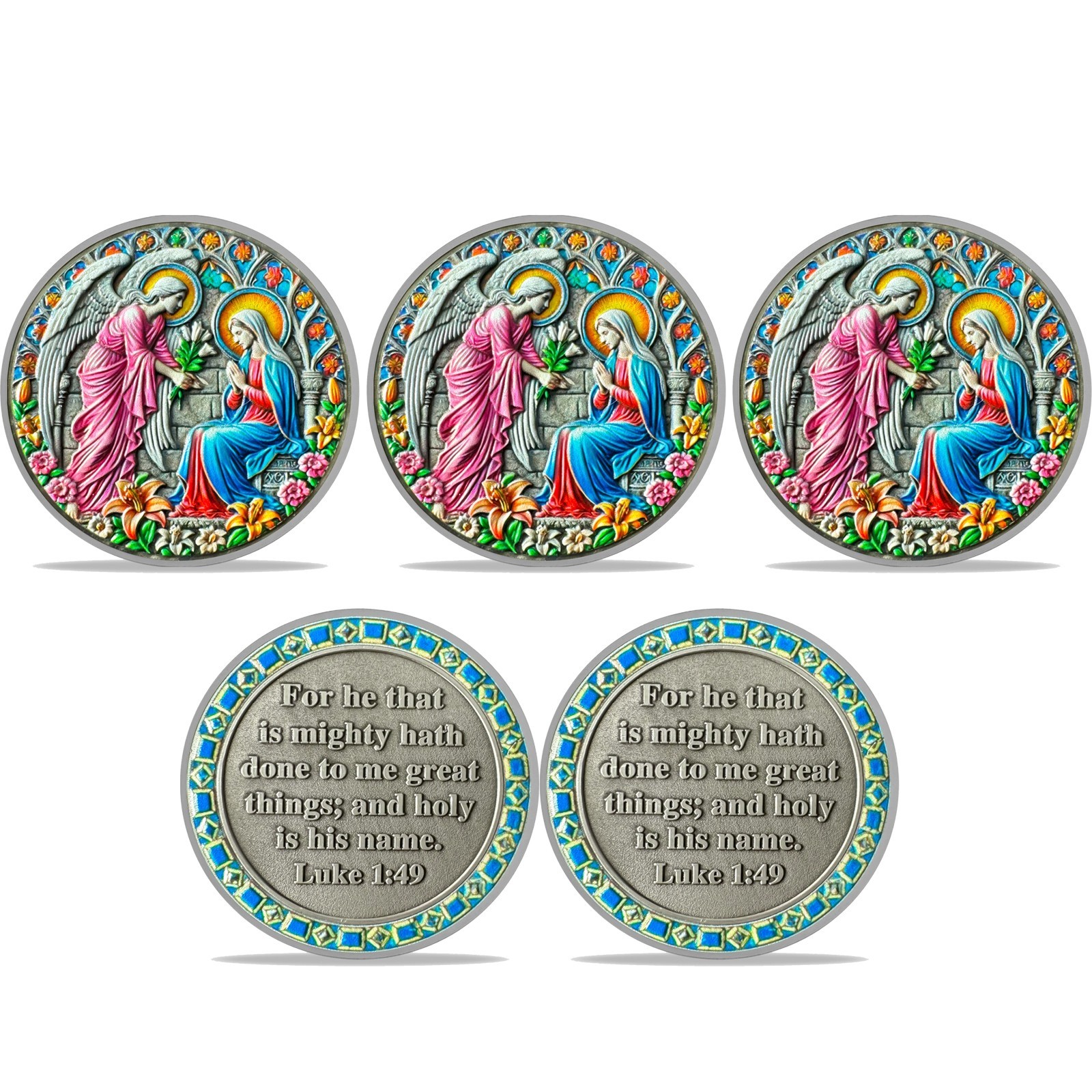 5pcs Christian Annunciation Challenge Coin Luke 1:49 Bible Verse Faith Coin Gift